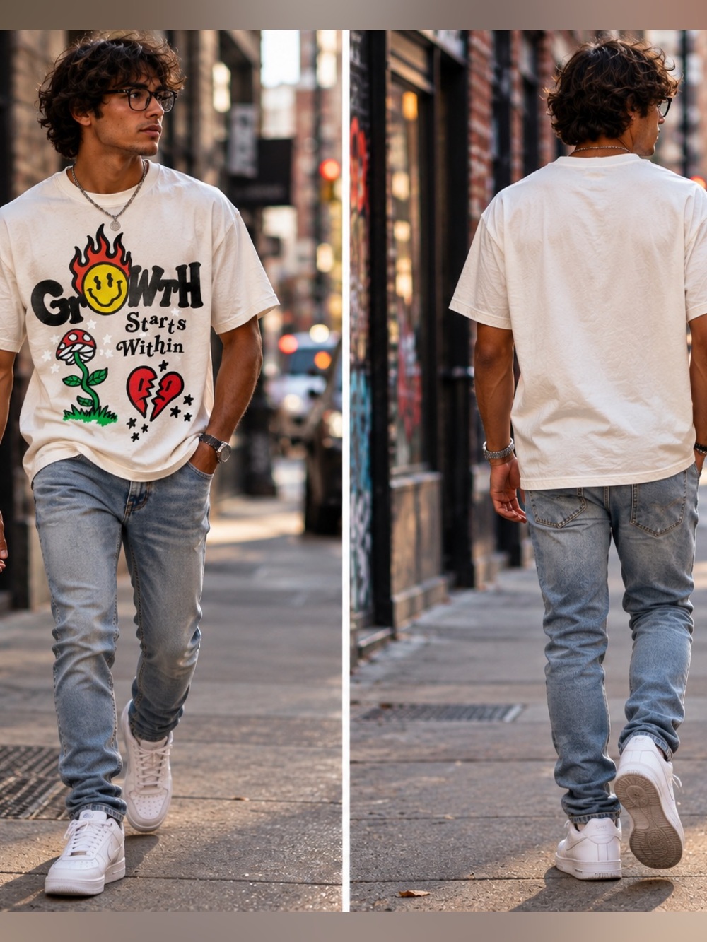 PacSun Cream Graphic Tee with Black, Yellow, Red & Green Print